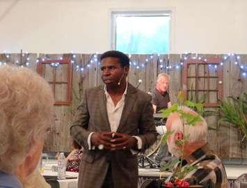 Toronto Argonaut legend, Michael 'Pinball' Clemons speaks at the Bruce County Federation of Agriculture's 75th Anniversary Celebration this week. (Photo by Kirk Scott, © July 2016).
