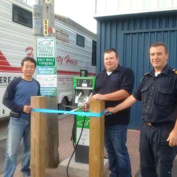 Photo (L-R): Francis Chua, Department Manager, Environment & Sustainability, Bruce Power; Phil Eagleson, Saugeen Shores Fire Chief; and Rob Atkinson, Fire Prevention Officer. The new charging station is at 612 Emma St., in downtown Port Elgin.
