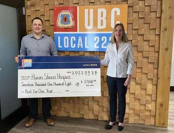 In a virtual cheque presentation, Ryan Plante, UBC Local 2222 Business Manager, presents a cheque to Carol Rencheck, Board of Directors Co-Chair for Huron Shores Hospice, to cover rent for one year in the 2nd suite in Tiverton. May 5th, 2021 (Photo provided by Carol Rencheck of Huron Shores Hospice)