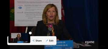 Ontario Health Minister Christine Elliott announces an expansion in eligibility for second doses of COVID-19 vaccines at Queens Park, Toronto, June 17, 2021. Image courtesy CPAC/YouTube.