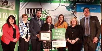 (From left to right) Teresa Di Felice from CAA; Jamie Stuckless, Executive Director, Share the Road; Mayor Luke Charbonneau, Town of Saugeen Shores; Jayne Jagelewski, Director, Community Services, Town of Saugeen Shores; Lisa Billing, Recreation Supervisor, Town of Saugeen Shores; Lisa Thompson, Huron-Bruce MPP; Justin Jones, Manager Bike Friendly Program, Share the Road (photo submitted)