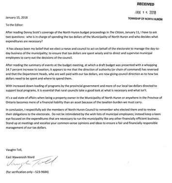 A letter sent to North Huron council by a resident of East Wawanosh