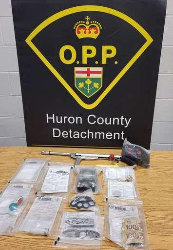 OPP seize property and illicit substances during a bust in Wroxeter. February 2, 2023. Photo supplied by Huron County OPP.