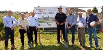 Saugeen Shores Mayor Mike Smith [left, with shovel] and Saugeen Shores Police Service Board Chair Luke Charbonneau [right, with shovel] turn the sod for the new Saugeen Shores Police Service headquarters in Port Elgin. (Photo by Jordan Mackinnon)
