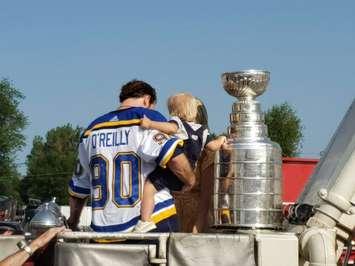 Ryan O'Reilly and his son prepare to embark on a Stanley Cup Parade in Seaforth (Photo by Adam Bell)