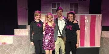 L-R: Devan Ballagh (Co-Director), Lucy Muir (playing Elle Woods), Matthew Ballagh (playing Emmett Forest) and Paige Ballagh (Co-Director) strike a pose on the set of their production of Legally Blonde at the Blyth Theatre. (Photo by Ryan Drury)