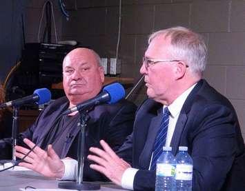 Bruce-Grey Owen Sound M.P. Larry Miller (left) and Federal Cabinet Minister Bill Blair (right) at public meeting Sunday, Feb. 3rd 2019 in Durham (Photo by Kirk Scott)