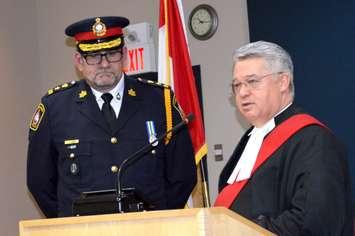 Saugeen Shores Police Chief Mike Bellai [left] is sworn-in to office by Justice Kevin Sherwood. (Photo by Jordan Mackinnon)