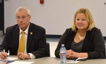 Nipissing MPP and P.C. Finance Critic Vic Fedeli and Huron-Bruce MPP Lisa Thompson listen during a small business roundtable in Port Elgin on Monday. (Photo by Jordan MacKinnon) 