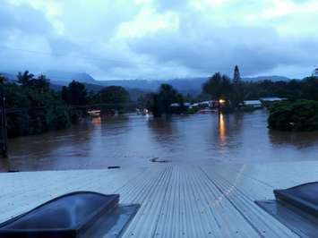A picture from the second storey of a restaurant where couples from Wingham, Howick and Walkerton stayed until rescued by boat. This is in  the village of Hanalei on the north side of the island Kauai. (Photo submitted by Karen Grein)