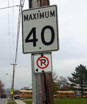 Sign posted speed limit of 40km/Hr on John St. just east of Carling Terrace near F.E. Madill Secodnary School in Wingham.