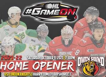 Poster for the Owen Sound Attack home opener for the 2021-22 season against the London Knights, to be played October 9th, 2021 (Courtesy of Greg Hoddinott
Manager, Marketing & Communications
Owen Sound Attack)