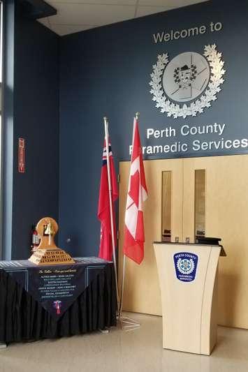 The Canadian Paramedic Memorial Bell visiting the Perth County Paramedic Services headquarters in Stratford. September 10th, 2020 (Photo provided by Sarah Franklin, Economic Development / Communications Officer,
Corporation of the County of Perth)