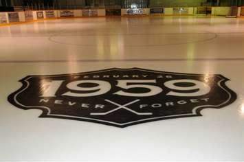 A picture of the ice surface at Listowel Memorial Arena, which features a logo that commemorates the 1959 Listowel Arena disaster. (Courtesy of the Listowel Cyclones)