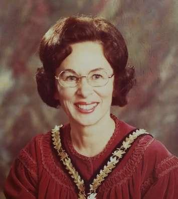 Betty McMillan, wearing the mayoral chain as Stratfords first female mayor in the 1970s. Photo courtesy of W.G. Young Funeral Home.