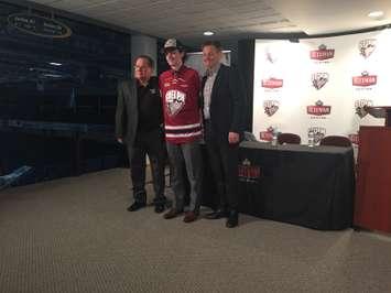 L-R: Storm GM Mike Kelly, 1st overall pick Ryan Merkley, and majority owner Rick Gaetz pose after unveiling Merkley as the 1st overall pick in the 2016 OHL Priority Selection Draft, Friday, April 8th 2016.