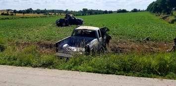 One man is dead and three others were injured in a crash between two pick-up trucks in Mapleton, July 12, 2018. (Photo courtesy of the OPP)