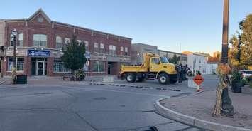Heavy machinery and barriers block access to courthouse square in Goderich. Photo courtesy of Huron OPP.