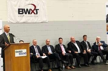 Mike Rencheck, Bruce Power's President and CEO (left) gives opening remarks during an announcement Thursday by BWXT Canada and Brotech Precision CNC that they will open manufacturing facilities in Owen Sound to support the Bruce Power Life-Extension Program. (photo submitted by Bruce Power) 