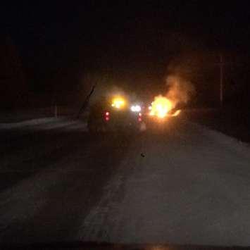 A transformer fire on Hwy. 4 north of Teeswater.  (Photo courtesy of Devin Illman)