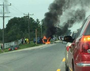 Three vehicles collide in a fiery crash  on Hwy. 6/10  in the Township of Georgian Bluffs, August 30, 2015. (Photo courtesy of Dan Given via Twitter)