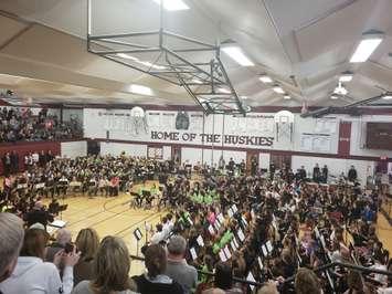 Over 400 elementary students from 14 schools in Huron and Perth fill the gym at Stratford Northwestern for 'Loud and Proud', volume 5. (Photo by Steve Sabourin)